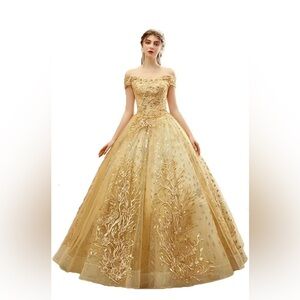 Assulla Luxury Beaded Quinceañera/Prom/ Ball Gold Off-Shoulder Gown Dress